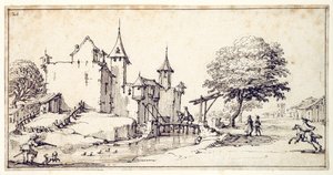 Ett slott med vindbrygga (penna & brunt bläck på papper) av Jacques Callot