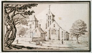 En kyrka i Lorraine och en grannbyggnad (penna & brunt bläck på papper) av Jacques Callot