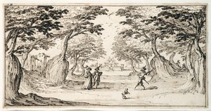 En fin dam och herre som dansar i skogen till en luta, ett slott i fjärran (penna & brunt bläck på papper) av Jacques Callot