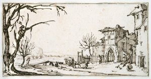 En hövän förs till den medeltida porten till en by, en man som skär en gren, från ett album som tillhör Israel Silvestre, ca 1630 (penna och bläck på papper) av Jacques Callot