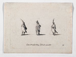 En dam med lång rock och två kavaljerer, från ... (gravyr) av Jacques Callot