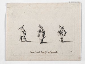 En dam med plymerad hatt och två kavaljerer, från ... (gravyr) av Jacques Callot