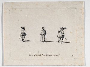 En dam med armarna i kors och två kavallerister, från ... (gravyr) av Jacques Callot