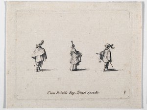 En dam med rynkad kjol och två kavaljerer, från Les Fantaisies de Noble J. Callot ... (gravyr) av Jacques Callot