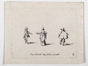 En dam med utsträckt hand, sedd bakifrån, och två kavaljerer, från Les Fantaisies de Noble J. Callot ... (gravyr) av Jacques Callot