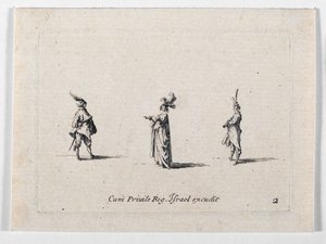 En dam med plymerad hatt och två kavaljerer, från ... (gravyr) av Jacques Callot