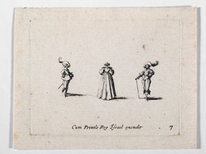 En dam med rikt veckad klänning, sedd bakifrån, och två kavaljerer, från Les Fantaisies de Noble J. Callot ... (gravyr) av Jacques Callot