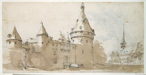 Ett slott med torn och en kyrka (brunt och grått över svart krita på papper) av Jacques Callot