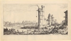 Vy över Pont-Neuf, blad 2 ur serien ”De två stora vyerna över Paris” av Jacques Callot