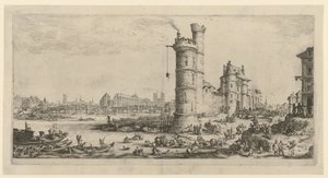 Vy över Pont Neuf, blad ur serien "Två stora vyer över Paris" av Jacques Callot