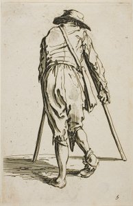 Tiggare på kryckor och med hatt, sedd bakifrån, plansch fem ur Tiggarna av Jacques Callot