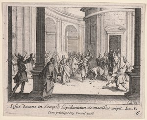 Kristus blir stenad från templet av Jacques Callot