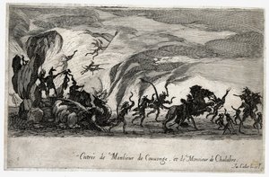 Strid i barriären, inmarschen av Sieures de Couvonge och de Chalabre ... (gravyr) av Jacques Callot