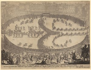 Vagnarnas intåg och infanteriets och kavalleriets parad på Piazza Santa Croce i Florens till ära för prinsen av Urbino, blad 6 i serien ”Skönhetens krig” av Jacques Callot