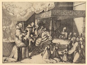 Ärkehertiginnan Margareta vid den påvliga audiensen, blad 5 i serien ”Rekviem för Spaniens drottning” av Jacques Callot