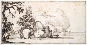Fantastiska klippor vid kusten, byggnader vid stranden (penna & brunt bläck på papper) av Jacques Callot