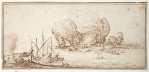 Fantastiska klippor, befästa. Frakt. Sjöfartsbivack i sikte av deras farkost (Le Grand Rocher) (penna och bläck på papper) av Jacques Callot