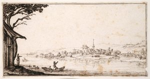 Färja en passagerare över en flod till en liten stad förbunden med en bro till ett slott (penna och brunt bläck på papper) av Jacques Callot