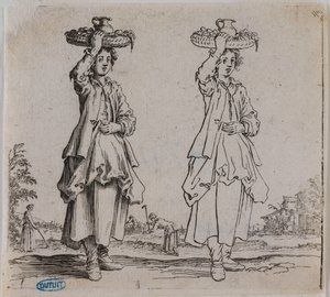 Olika figurer, Bonden sedd framifrån med en korg på huvudet. Sjätte delen i en serie om 16 stycken (Lieure 203, Meaume 741) av Jacques Callot