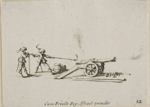 Avfyra kanonen, skylt tolv från The Military Exercises av Jacques Callot