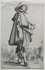 Gentleman står i profil med knäppta händer. av Jacques Callot