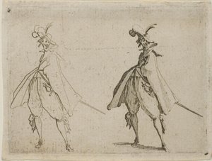 Gentleman i stor cape, sedd framifrån, från The Caprices av Jacques Callot