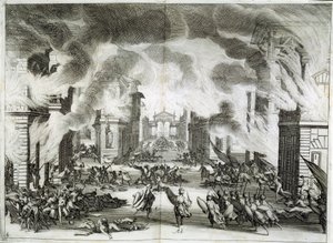 Illustration av pjäsen "Soliman" (Il Solimano). Tragedi av Prospero Bonarelli, Akt V, Scen V, 8 december av Jacques Callot