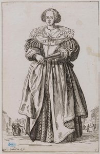 Adeln, Damen med solfjädern. Nionde stycket i en serie om 12 stycken (Lieure 557, Meaune 683) av Jacques Callot