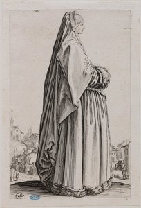 Adeln, damen med en stor slöja och en pälsbrämad klänning. Femte numret i en serie om 12 blad (Lieure 553, Meaume 679) av Jacques Callot