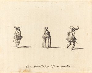 Dam med armarna i kors och två herrar av Jacques Callot
