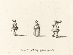 Dam med armarna i kors och två herrar av Jacques Callot