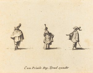 Dam med klänning samlad och två herrar av Jacques Callot