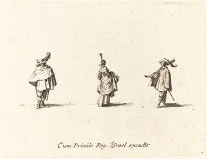Dam med klänning samlad och två herrar av Jacques Callot