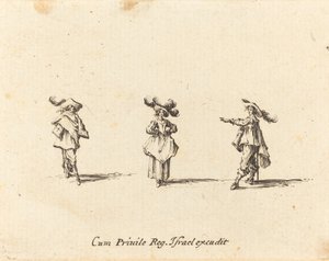 Dam med stora plymer och två herrar av Jacques Callot