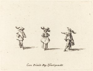 Dam med stora plymer och två herrar av Jacques Callot