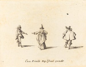 Dam med utsträckt arm, sedd bakifrån, och två herrar av Jacques Callot