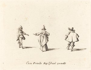 Dam med utsträckt arm, sedd bakifrån, och två herrar av Jacques Callot