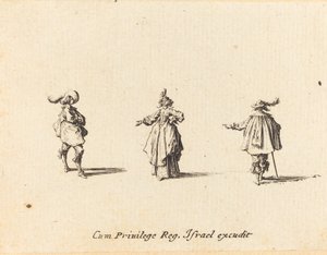 Dam med utsträckt arm och två herrar av Jacques Callot