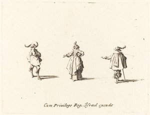 Dam med utsträckt arm och två herrar av Jacques Callot