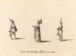 Dam med plymad hatt och två herrar av Jacques Callot