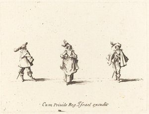 Dam med plymer och två herrar, troligen 1634. av Jacques Callot