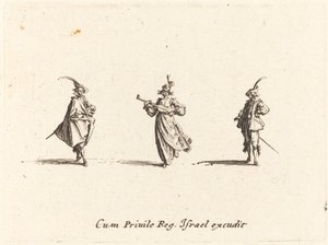 Dam med stråkinstrument och två herrar av Jacques Callot