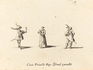 Dam med vinflaska och två herrar av Jacques Callot