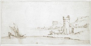 Landskap med torn och båt av Jacques Callot