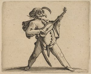 Den maskerade komikern som spelar gitarr, från ..., 1616-22. av Jacques Callot