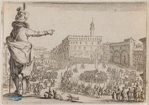 Nycker, En fest på Piazza della Signoria i Florens. Fyrtiosjätte numret i serien om 50 tryck graverade i Nancy (Lieure 473, Meaume 859) av Jacques Callot