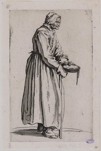Tiggarna, tiggerskan med tiggarskålen. Tjugonde numret i en svit om 25 blad (Lieure 498, Meaume 704) av Jacques Callot