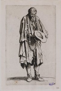 ”Les Gueux”, ”Tiggaren med radbandet”. Elfte stycket i en svit bestående av 25 stycken (Lieure 489, Meaume 695) av Jacques Callot