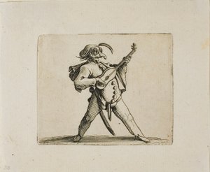 Maskerad komiker som spelar gitarr, från Varie Figure Gobbi av Jacques Callot