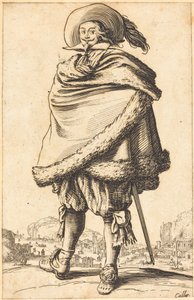 Adel man fastspänd i en mantel trimmad med päls av Jacques Callot